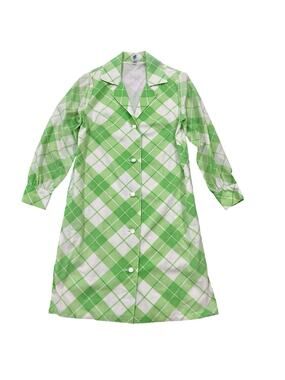 Vintage 60s 70s Green Plaid Mod House Dress Duster 36 Bust -